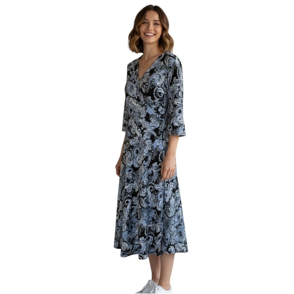 Emma Michele Black Blue Paisley Print Wrap Maxi Dress Women's‎ Size L